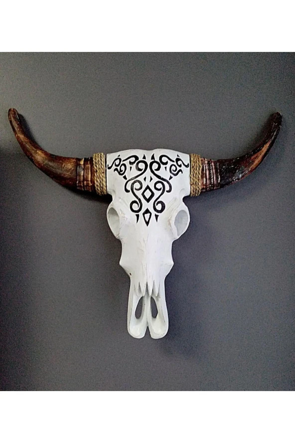 Ahşap El Yapımı Bufalo Kafatası Duvar Dekoru Beyaz 70 cm - Resim 7