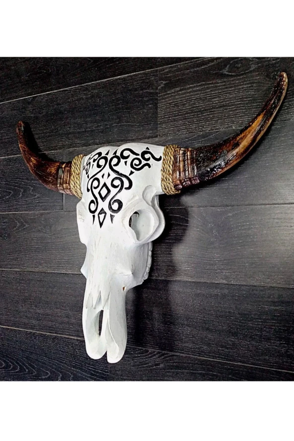Ahşap El Yapımı Bufalo Kafatası Duvar Dekoru Beyaz 70 cm - Resim 9