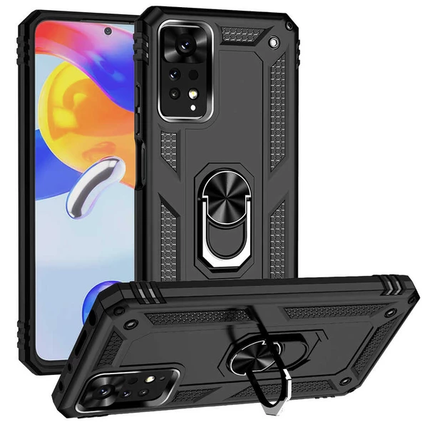 Gpack Xiaomi Redmi Note 11 Global Kılıf Vega Tank Standlı Yüzüklü MıknatıslıNano Glass