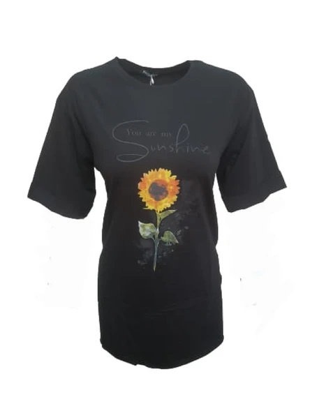 Kuzey Kadın Baskılı Yırtmaçlı Oversize Kadın T-Shirt 301 - Resim 4