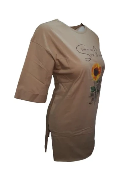 Kuzey Kadın Baskılı Yırtmaçlı Oversize Kadın T-Shirt 301 - Resim 2