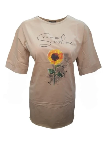 Kuzey Kadın Baskılı Yırtmaçlı Oversize Kadın T-Shirt 301