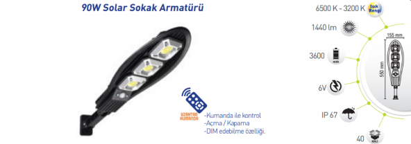 90W SOLAR SOKAK ARMATÜRÜ GÜNEŞ ENERJİLİ-3215 - 2
