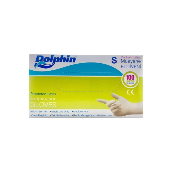 Dolphin Tek Kullanımlık Pudralı Latex Muayene Eldiveni 100'lü Paket - Small ( Küçük Boy )