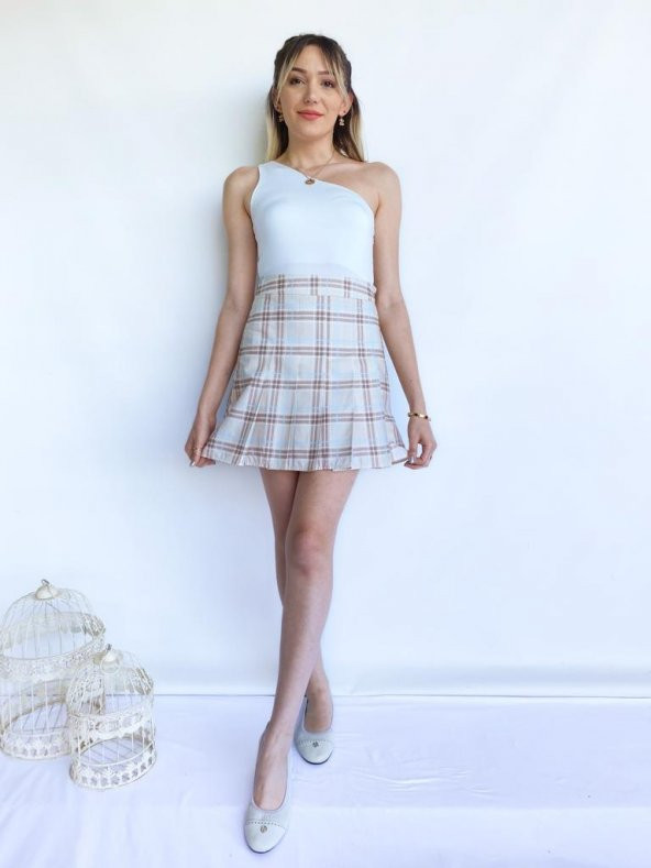 Kadın Ekoseli Pileli Krem Etek