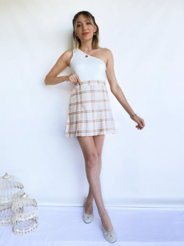 Kadın Ekoseli Pileli Krem Etek - 2