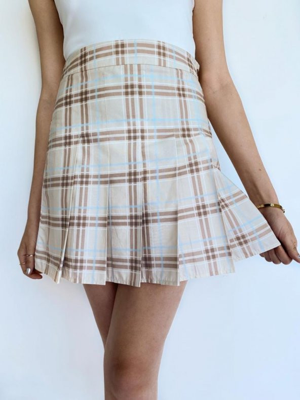 Kadın Ekoseli Pileli Krem Etek - 7