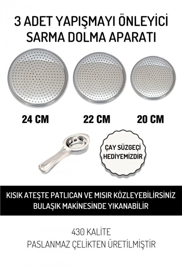 Abant 3 Adet Paslanmaz Çelik Dolma Sarma Altlığı (1 adet Çay Süzgeci Hediyeli)