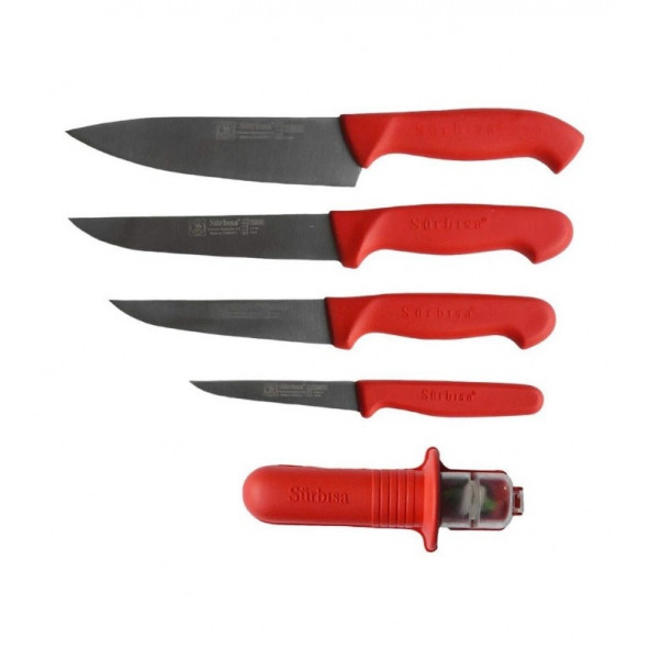 Kırmızı Set Sürbisa Sürmene Şef Bıçak Seti (4 Ad. Bıçak + 1 Ad. Bıçak Bileyici)