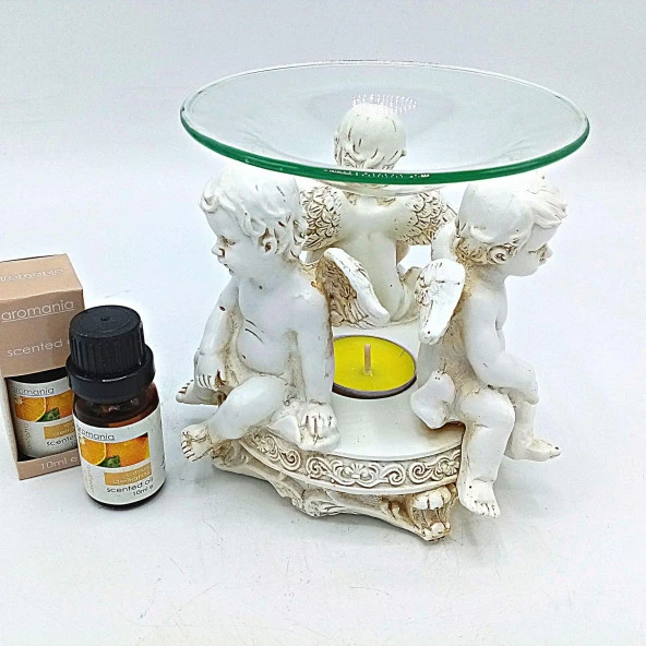 Dekoratif Üçlü Melek Bebek Buhurdanlık Portakal Yağı Hediyeli - 4