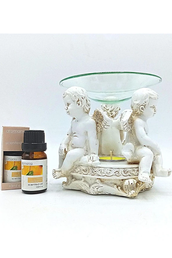 Dekoratif Üçlü Melek Bebek Buhurdanlık Portakal Yağı Hediyeli - 9