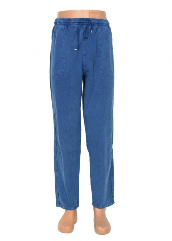 Lastikli Erkek Keten Pantolon Kot Mavisi - 4