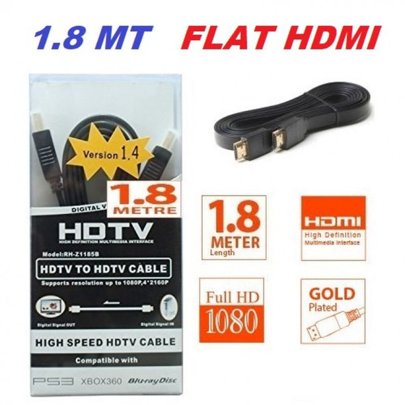 1.8 METRE HDMI FLAT KABLO 1,8 MT HDMİ GOLD 1080P GÖRÜNTÜ SES Video KALİTELİ KABLO SİYAH ÜA