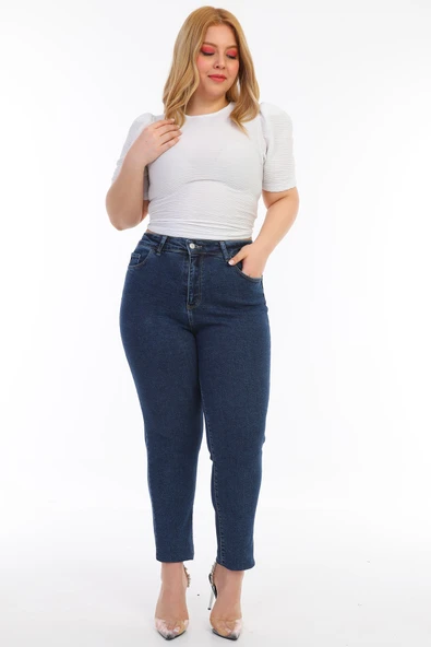 Kadın Büyük Beden Yüksek Bel Full Likralı Kar Yıkama Mom Jeans Kot Pantolon