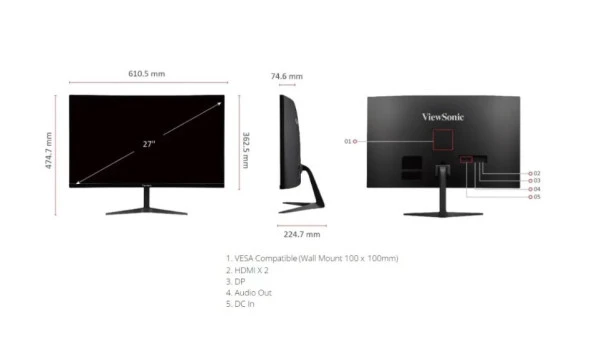 ViewSonic 27 VX2718-2KPC-MHD QHD 2560X1440 1MS 165HZ 2XHDMI DP 1500R CURVED FREESYNC GAMING MONİTÖR - 6