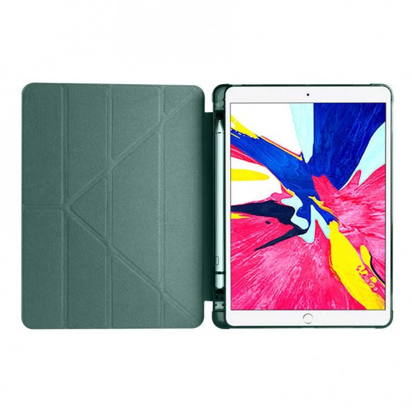 Apple iPad 10.2 (9.Nesil) Kılıf Tri Folding Smart With Pen Standlı Kalemlikli Kapaklı Kılıf - 11