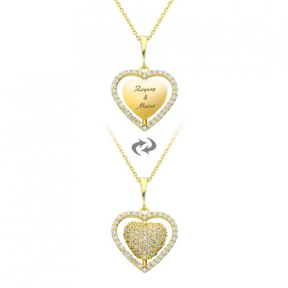 Nipora Zirkon Taşlı Kişiye Özel İsim Yazılı Gold Renk 925 Ayar Gümüş Kalp Kadın Kolye