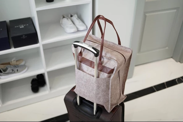 Deri Kulplu Ayakkabı Seyehat Çantası Bej - Resim 4