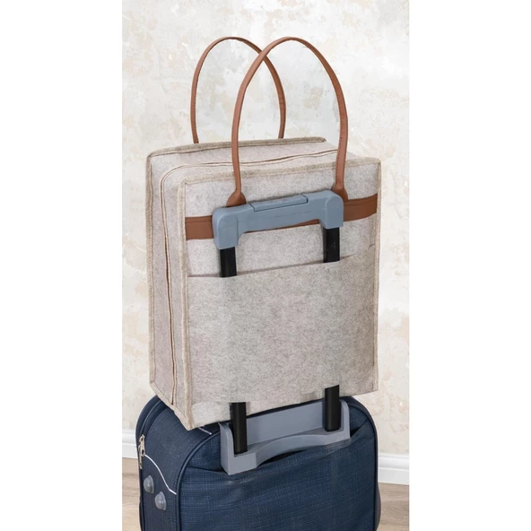 Deri Kulplu Ayakkabı Seyehat Çantası Bej - Resim 2