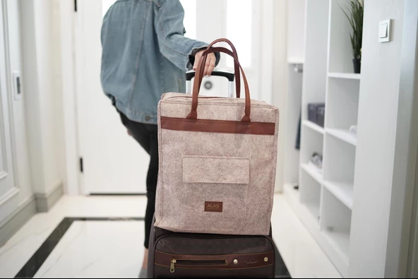 Deri Kulplu Ayakkabı Seyehat Çantası Bej - Resim 3