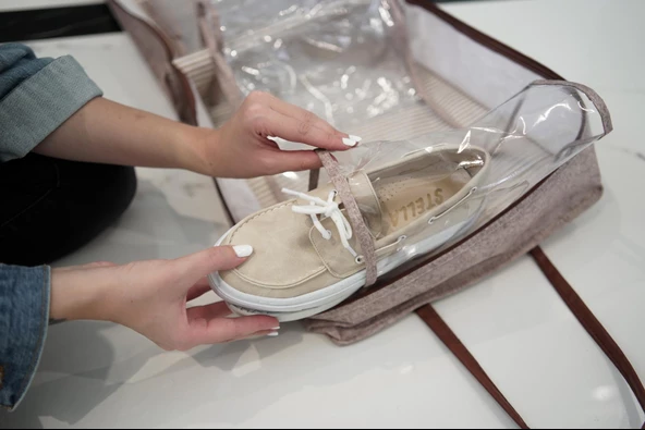 Deri Kulplu Ayakkabı Seyehat Çantası Bej - Resim 5