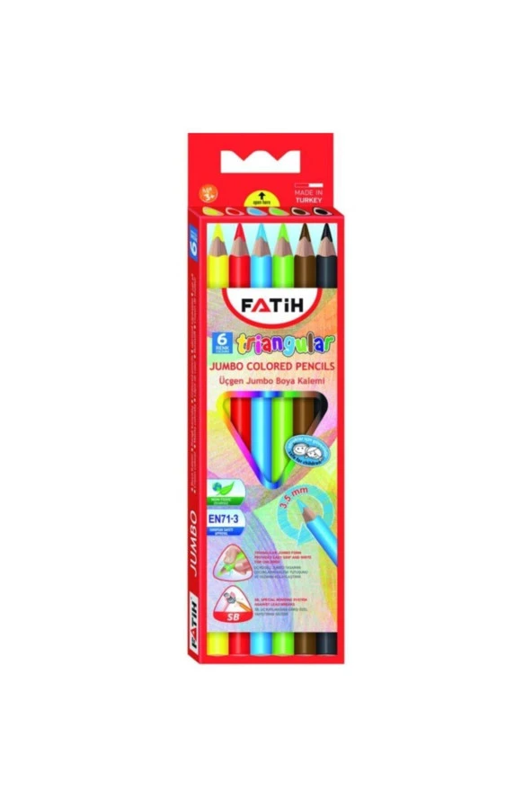 Fatih Kuru Boya Tam Boy Jumbo Üçgen Triangular Kalemi 6 Renk 3.5 MM Kuru Boya Kalemi