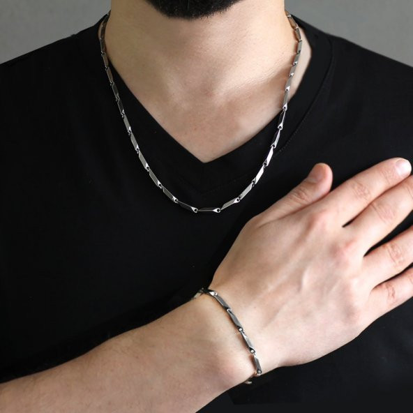 Nipora Silver Renk 317L Çelik Singapur Erkek Zincir Kolye & Bileklik Kombini - 2