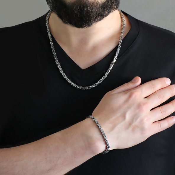 Nipora Silver Renk Kalınlık 5 mm 317L Çelik Kral Erkek Zincir Kolye & Bileklik Kombini - 3