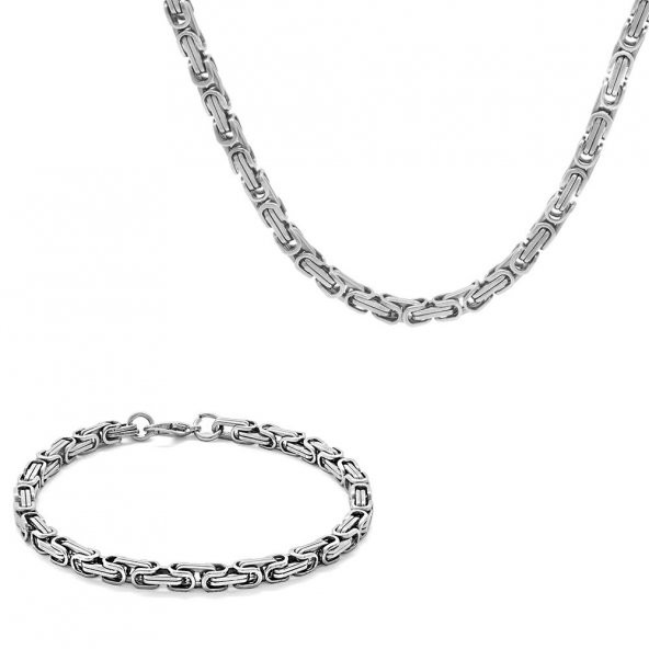 Nipora Silver Renk Kalınlık 5 mm 317L Çelik Kral Erkek Zincir Kolye & Bileklik Kombini - 4