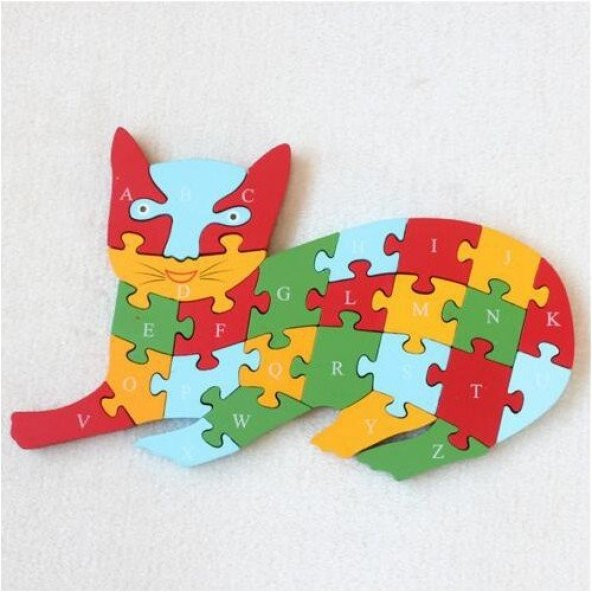 Kedi Figürlü Renkli Ahşap Puzzle/Yapboz 26 Parça Eğitici Oyuncak