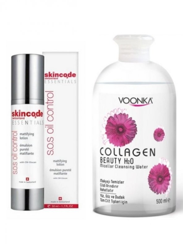Skincode S.O.S. Yağ Kontrolü Ve Dengeleyici Serum 50ml+Voonka Collagen Micellar Temizleme Suyu 500ml
