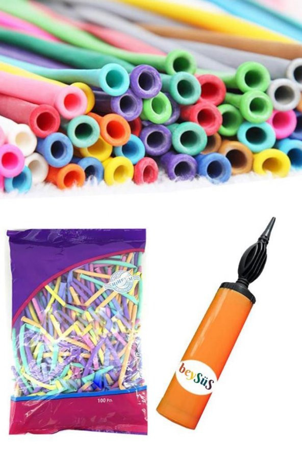 Beysüs 100lü Adet Makaron Soft Sosis Balon Karışık Renk Uzun Ince Balon 1 Adet Balon Pompası