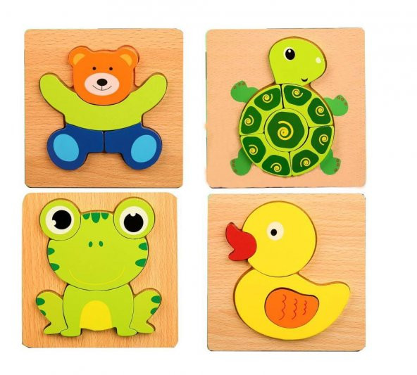 Woodylife 4lü Ayı Kaplumbağa Ördek Kurbağa Öğreniyorum Ahşap Puzzle Yapboz Çocuk Oyuncak Bultak Eğitici Öğretici Oyun Oyuncak