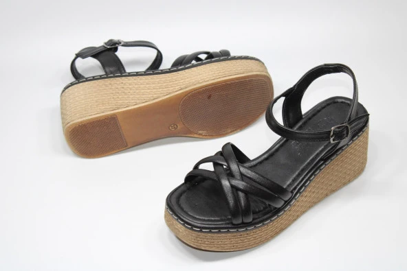 LADYPARK ORTOPEDİK DOLGU TABAN ÖNÜ ARKASI AÇIK ÇAPRAZ BANT RAHAT GÜNLÜK-KLASİK SİYAH SANDALET - 3