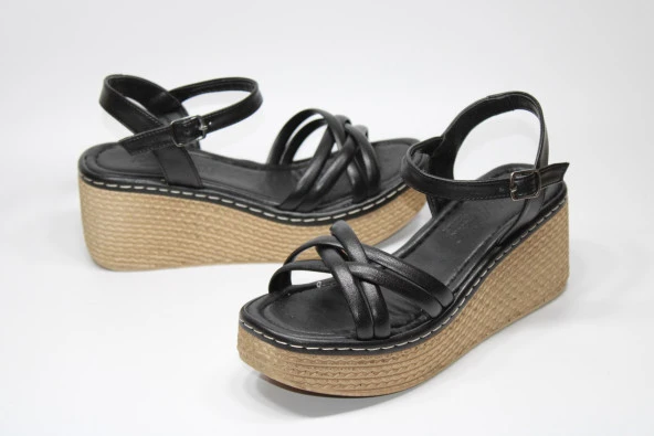 LADYPARK ORTOPEDİK DOLGU TABAN ÖNÜ ARKASI AÇIK ÇAPRAZ BANT RAHAT GÜNLÜK-KLASİK SİYAH SANDALET - 2