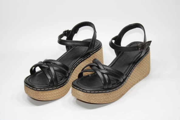 LADYPARK ORTOPEDİK DOLGU TABAN ÖNÜ ARKASI AÇIK ÇAPRAZ BANT RAHAT GÜNLÜK-KLASİK SİYAH SANDALET - 4