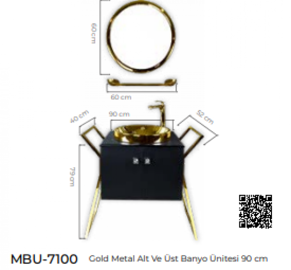 Pure 90Cm Gold Metal Alt Ve Üst Banyo Dolabı Mbu-7100