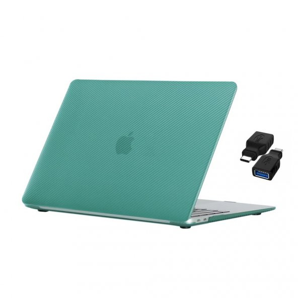 Codegen Apple 13" Macbook Air A1932 A2179 A2337 Su Yeşili Carbon Fiber Dizayn Kılıf Koruyucu Kapak+Çevirici