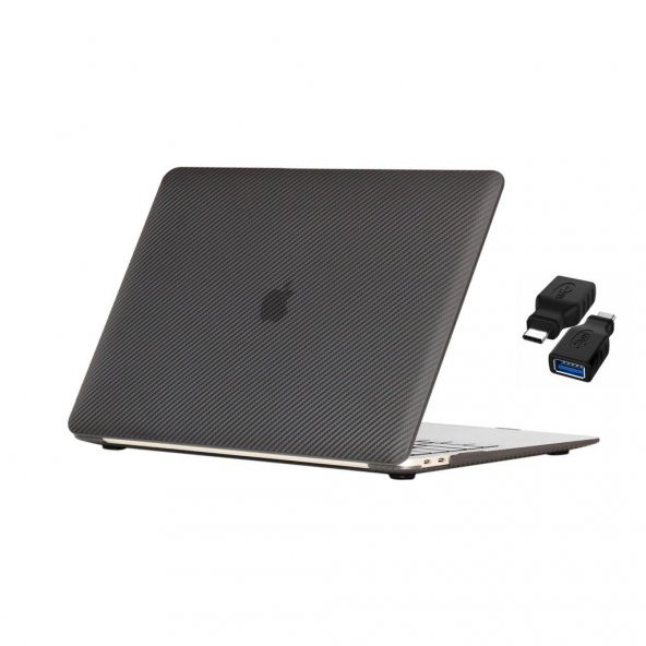 Codegen Apple 13" Macbook Air A1932 A2179 A2337 Siyah Carbon Fiber Dizayn Kılıf Koruyucu Kapak+Çevirici
