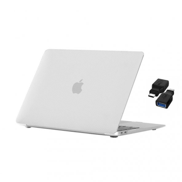 Codegen Apple 13" Macbook Air A1932 A2179 A2337 Beyaz Carbon Fiber Dizayn Kılıf Koruyucu Kapak+Çevirici