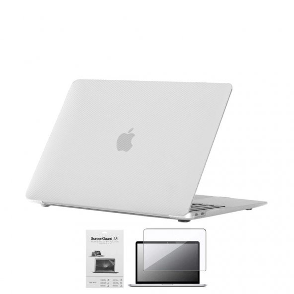 Codegen Apple 13" Macbook Air A1932 A2179 A2337 Beyaz Carbon Fiber Dizayn Kılıf Koruyucu Kapak+Film