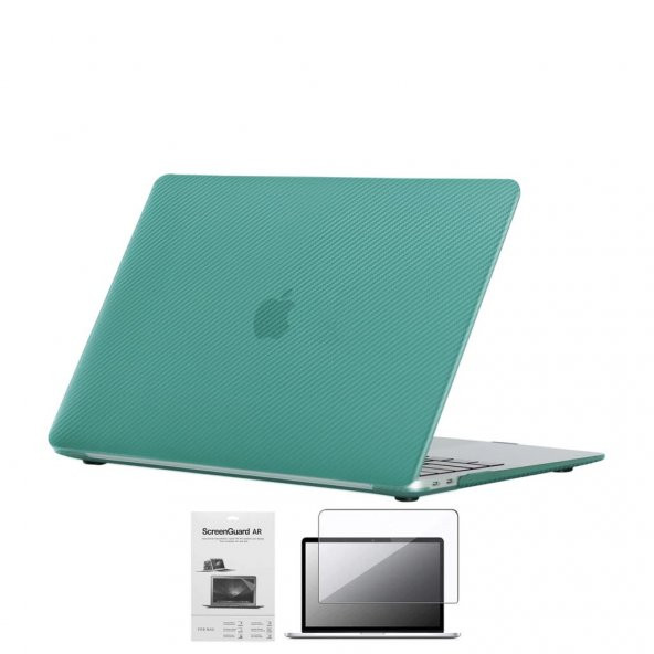 Codegen Apple 13" Macbook Air A1932 A2179 A2337 Su Yeşili Carbon Fiber Dizayn Kılıf Koruyucu Kapak+Film