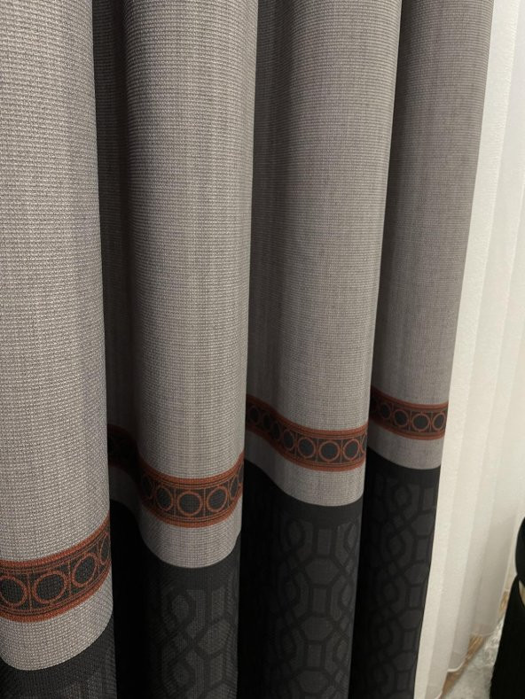 Keten Zemin Modern Geometrik Desenli  1/2,50 Pile Fon Perde  Kiremit Rengi 90 x 260 - 2