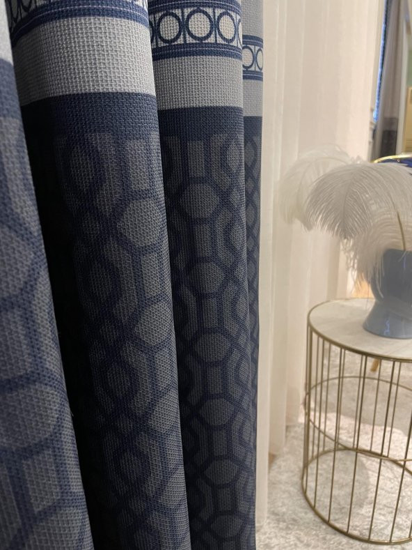 Keten Zemin Modern Geometrik Desenli 1/2,50 Pile Fon Perde Lacivert 90 x 270 - 2