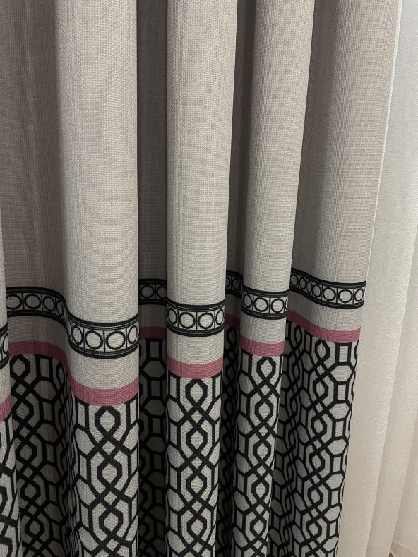 Keten Zemin Modern Geometrik Desenli  1/2,50 Pile Fon Perde  Pembe 70 x 270 - 2