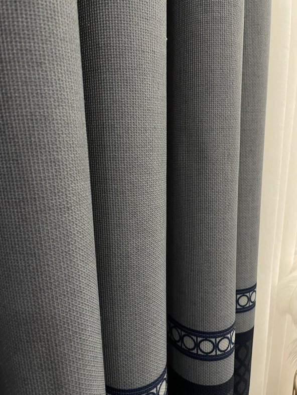 Keten Zemin Modern Geometrik Desenli 1/2,50 Pile Fon Perde Lacivert 100 x 260 - 3