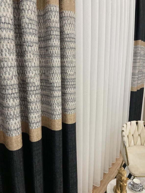 Keten Zemin Batik Desen 1/2,50 Pile Fon Perde Siyah 100 x 260 - 3