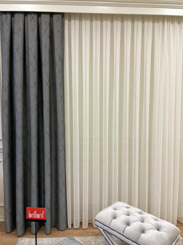 Blackout Karartma Zemin Baskılı Modern Çizgili Desen 1/2,50 Pile Fon Perde  Gri 90 x 270 - 2