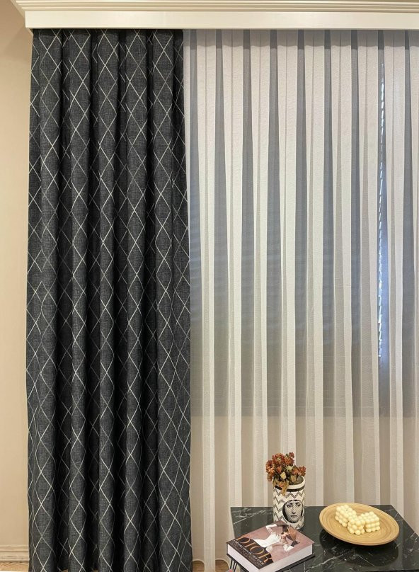 Blackout Karartma Zemin Baskılı Modern Çizgili Desen 1/2,50 Pile Fon Perde  Siyah 90 x 270 - 2