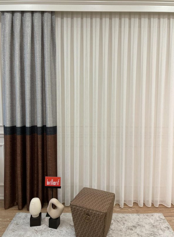 Keten Zemin Ekose Desen 1/2,50 Pile Fon Perde  Gold 80 x 270 - 2